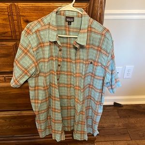 Patagonia waffle material button down shirt. Teal and orange/dark peach